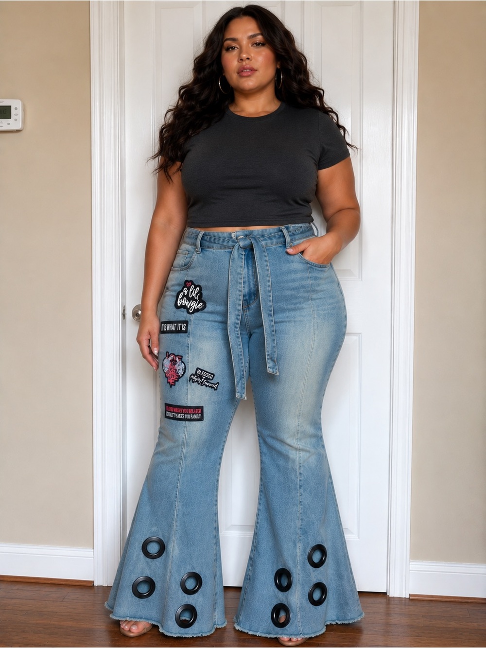 Upcycled High-Waist belted Blue Flare grommet and patchwork Jeans size 22